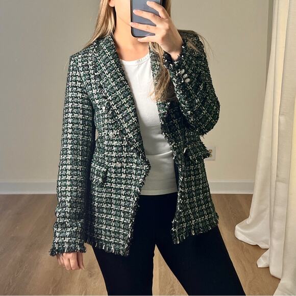 Rachel Zoe Green Metallic Plaid Tweed Double Breasted Blazer M Holiday Festive - Picture 1 of 9